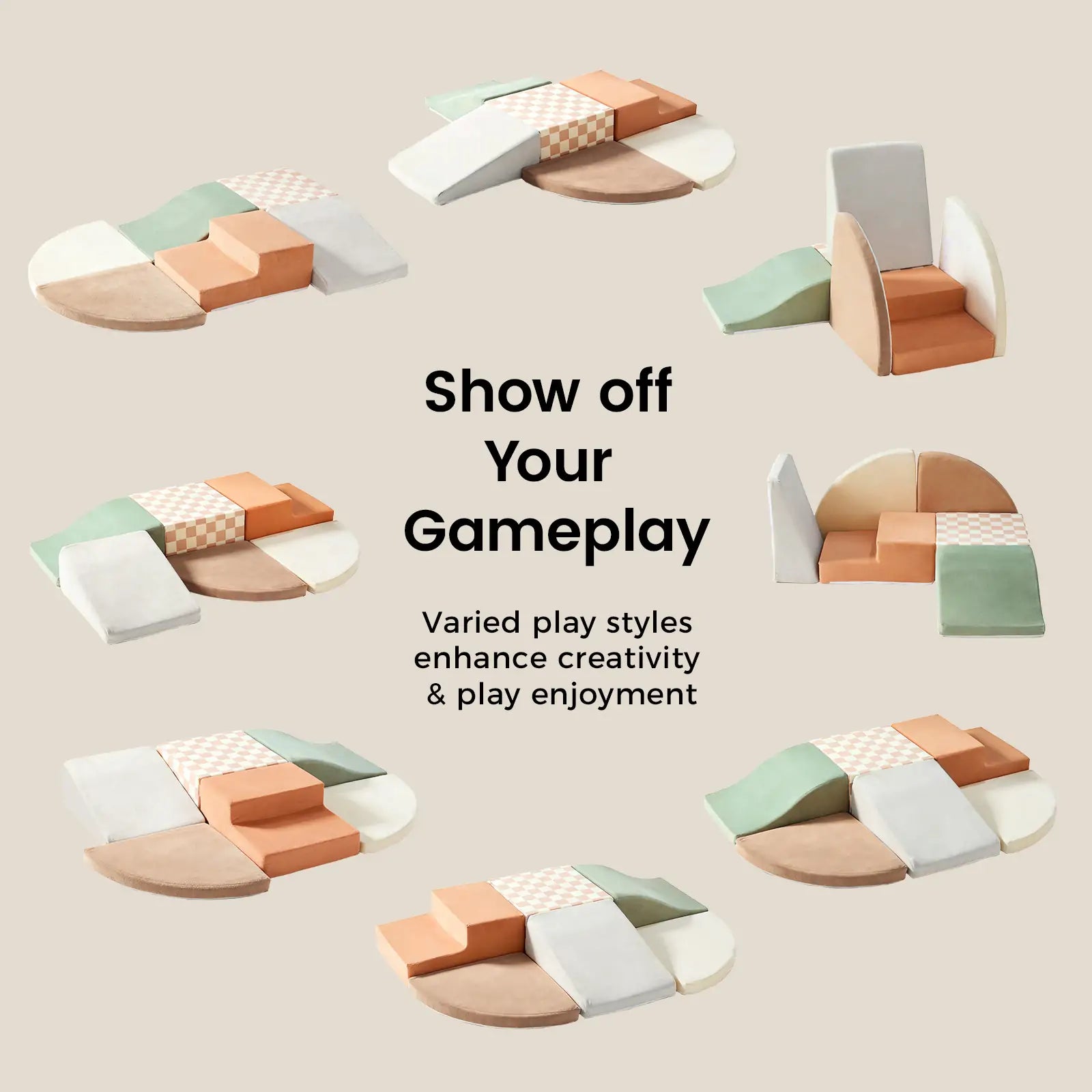 Eight soft play furniture arrangements—including the Tiny Land® PlayNest Climbing Ball Pit Set with Tunnel—appear in tan, green, and white. They surround centered text about gameplay, creativity, and play enjoyment on a beige background, capturing the imaginative spirit of an indoor playground while showcasing the signature style of Tiny Land.|Blue