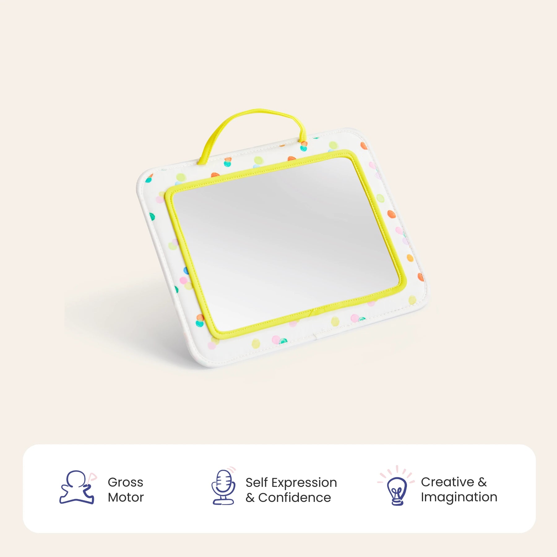 The Tiny Land® Montessori Toys for Newborns (0–3 Months) features a rectangular children’s mirror with a colorful dotted frame and yellow handle—great for tummy time, sensory play, and building confidence. Icons highlight key developmental skills.