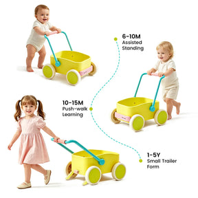 Three children of various ages use the Tiny Land® 3-in-1 Wooden Baby Walker Wagon - Spring Color by Tiny Land, which features adjustable speed for assisted standing (6–10 months), push-walk learning (10–15 months), and trailer play (1–5 years).