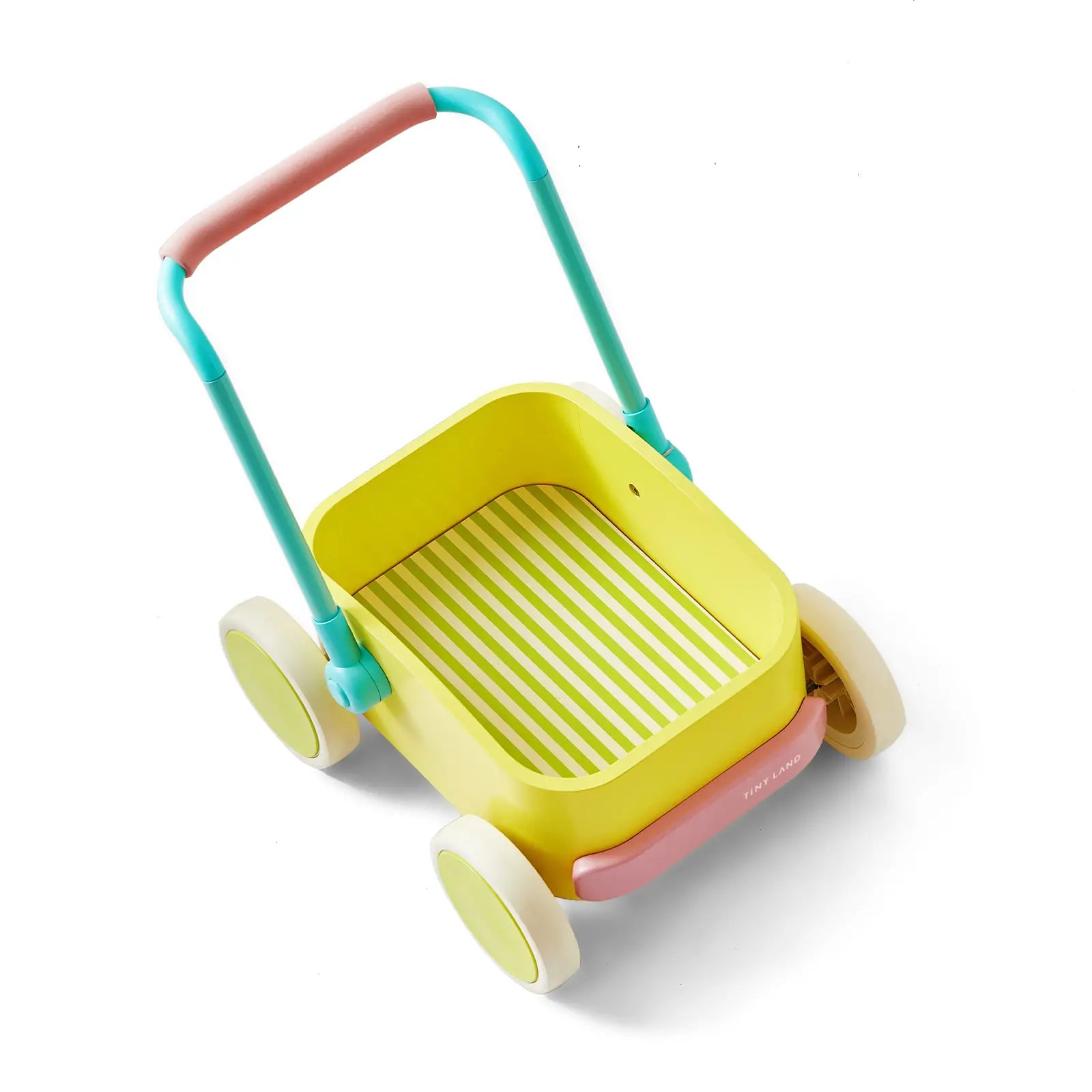 The Tiny Land® 3-in-1 Wooden Baby Walker Wagon - Spring Color features a yellow body, light blue and pink handle, four white wheels, and a striped green and white bottom.
