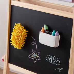 A Tiny Land® Double-Sided Arched Magnet Chalkboard & Art Kit features a spacious blackboard with vibrant drawings, a yellow duster, and a white holder that includes four large colored chalks—green, orange, blue, and purple. This versatile board is part of a sturdy wooden art easel designed for kids, making it an essential addition to any children’s art accessory collection from Tiny Land.