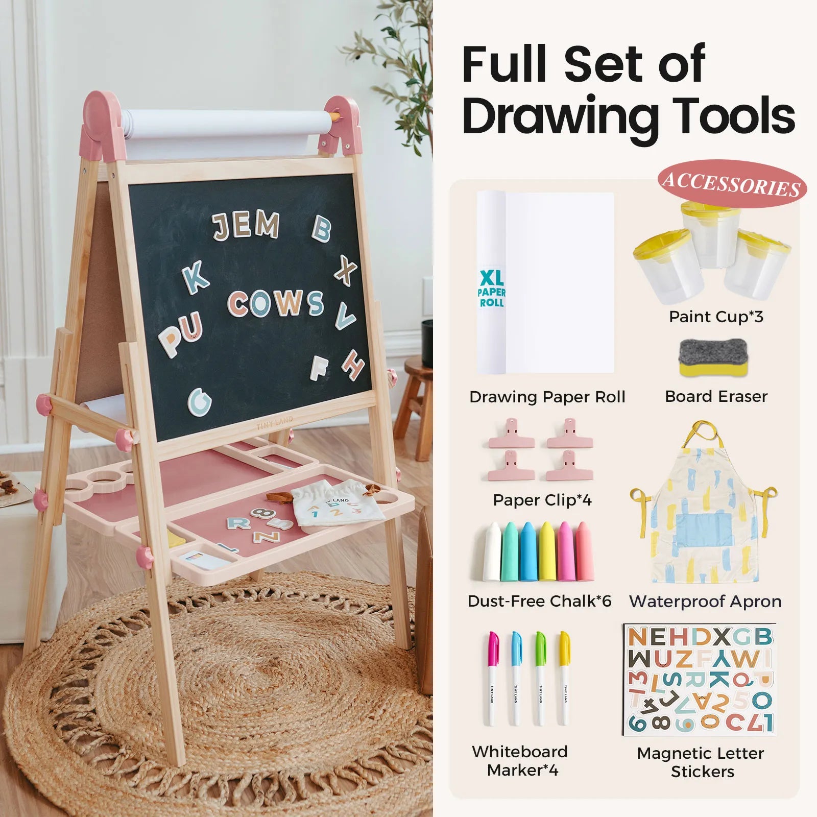 Introducing the Tiny Land® Magnitales Easel for Kids by Tiny Land—a versatile children’s art easel set featuring a chalkboard, paper roll, colored markers, magnetic letters, paint cups, board eraser, clips, chalk, waterproof apron, and tray. All included accessories are pictured and labeled on the right side. The Tiny Land® Magnitales Easel inspires endless creative possibilities for young artists.|Pink