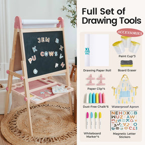 Introducing the Tiny Land® Magnitales Easel for Kids by Tiny Land—a versatile children’s art easel set featuring a chalkboard, paper roll, colored markers, magnetic letters, paint cups, board eraser, clips, chalk, waterproof apron, and tray. All included accessories are pictured and labeled on the right side. The Tiny Land® Magnitales Easel inspires endless creative possibilities for young artists.|Pink