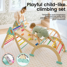 Two young children play indoors on the Tiny Land® 7-in-1 Rainbow Pikler Triangle Set by Tiny Land. This colorful set includes arches, ladders, and a reversible ramp, plus non-slip silicone pads and an anti-tip design in a sunlit, cozy room.|rainbow color