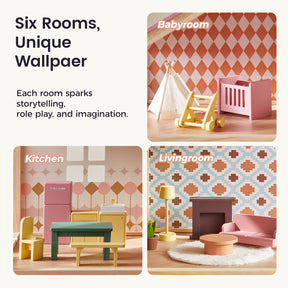 The Tiny Land® Sweetwood Dollhouse without Dolls features three toy rooms: a baby room with a pink crib, a kitchen with colorful furniture sets, and a living room with unique patterned wallpaper—ideal for imaginative play.|Pegasus
