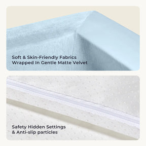 Top image features a close-up of the light blue matte velvet fabric used in the Tiny Land® PlayNest Ball Pit with 200 Ocean Balls, designed for both comfort and style in your toddler’s play space. Bottom image showcases the sturdy white base fabric by Tiny Land, complete with anti-slip dots and reinforced sewn edges—ideal for keeping ocean balls securely in place during active play. The accompanying text emphasizes the ball pit's focus on softness and safety for little ones.|Blue