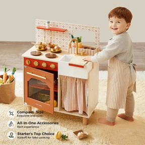 A young child in an apron plays with the Tiny Land® Mediterranean Play Kitchen by Tiny Land, a pastel wooden set featuring pots, utensils, an oven, toy food items, and text showcasing its stylish features|Mediterranean