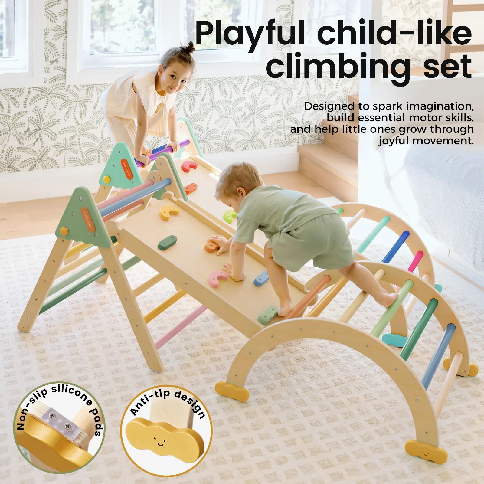 Two kids play on the Tiny Land® 7-in-1 Morandi Pikler Triangle Set with colorful holds, rails, and a reversible ramp. Non-slip pads and anti-tip design ensure safety, making this Tiny Land set ideal for children.|morandi color