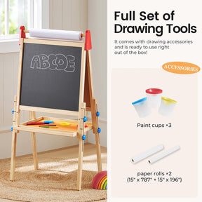 The Tiny Land Bright Play & Art Set features a colorful, height-adjustable easel with three paint cups, two paper rolls, and a chalkboard showing ABCDE—ideal for creative fun in the cream playhouse with lights, indoors or outdoors.|red