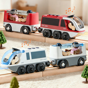 Four Tiny Land® Dual-Color Electric Toy Trains, each with small seated figures and LED headlights, travel on wooden tracks among decorative trees. Two trains are red and two are blue and white, making interactive play extra fun. Musical notes float above.