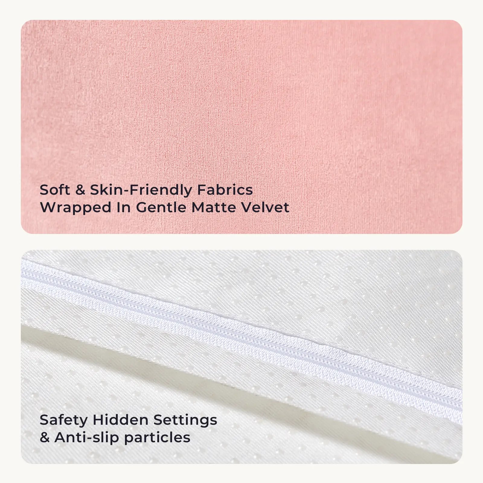Two close-up images: the top shows soft pink matte velvet, the bottom reveals white anti-slip dots and a hidden zipper—perfect details of Tiny Land® PlayNest Ball Pit (Ocean Ball Not Included), highlighting its softness, safety, and anti-slip features.|pink