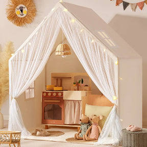 The Tiny Land® Large Space Play House with Star Lights features sheer curtains, a toy kitchen set, plush mice dolls, and soft cushions—a cozy kids' playhouse by Tiny Land that's perfect for any child's room.|mesh