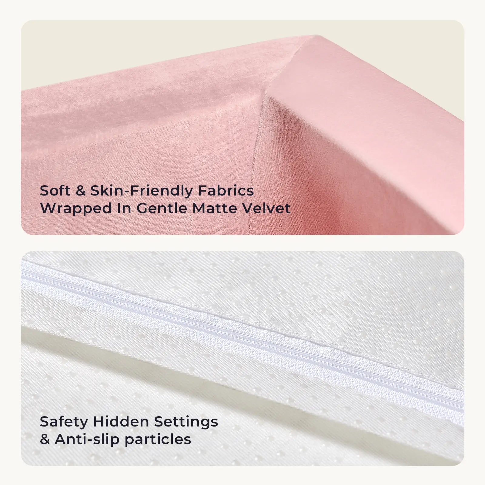 Two images: the top shows a corner of Tiny Land® PlayNest Ball Pit—perfect for toddler play—with soft matte velvet. The bottom highlights safe white fabric with zipper and anti-slip dots, ensuring secure fun with 200 Ocean Balls.
