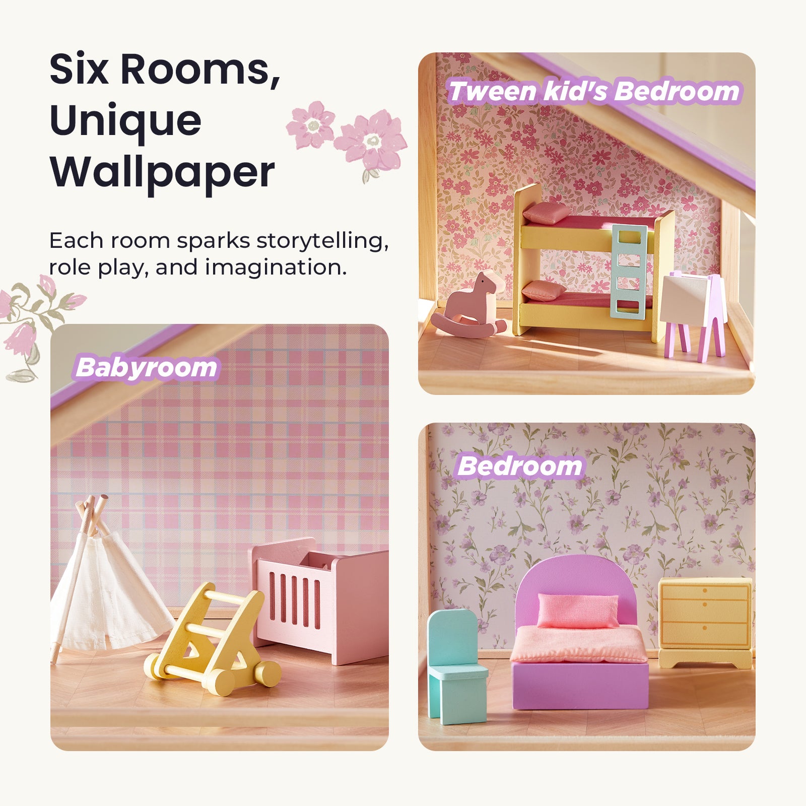 A collage shows a tween’s room with pink floral wallpaper and bunk bed, a baby’s room with pink plaid walls and crib, and a bedroom featuring Tiny Land® Sweetwood Dollhouse Furniture against leafy wallpaper.|Unicorn