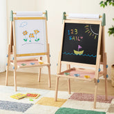 Two Tiny Land® 3-in-1 Art Easels for Kids - Morandi stand on a colorful rug. One shows flower art on paper, the other displays “123 SAIL” and a boat under the sun in chalk. Paint trays are attached below each drawing surface.|green