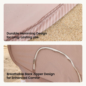 Two close-up images of Tiny Land® 3-in-1 Baby Beach Tent show pink-striped fabric: the top displays a durable hem on sand, while the bottom highlights a white zipper, emphasizing lasting use and comfort. Text overlays explain features.