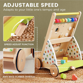 Tiny Land® Premium Natural Wooden Activity Walker by Tiny Land is an eco-friendly baby walker designed for both fun and safety as little ones take their first steps. Featuring colorful balls and blocks, anti-skid rubber wheels, and a convenient knob to adjust speed, this developmental toy sits on a woven rug. Insets highlight the speed adjustment feature and durable wheels, with the text “Adjustable Speed” displayed.
