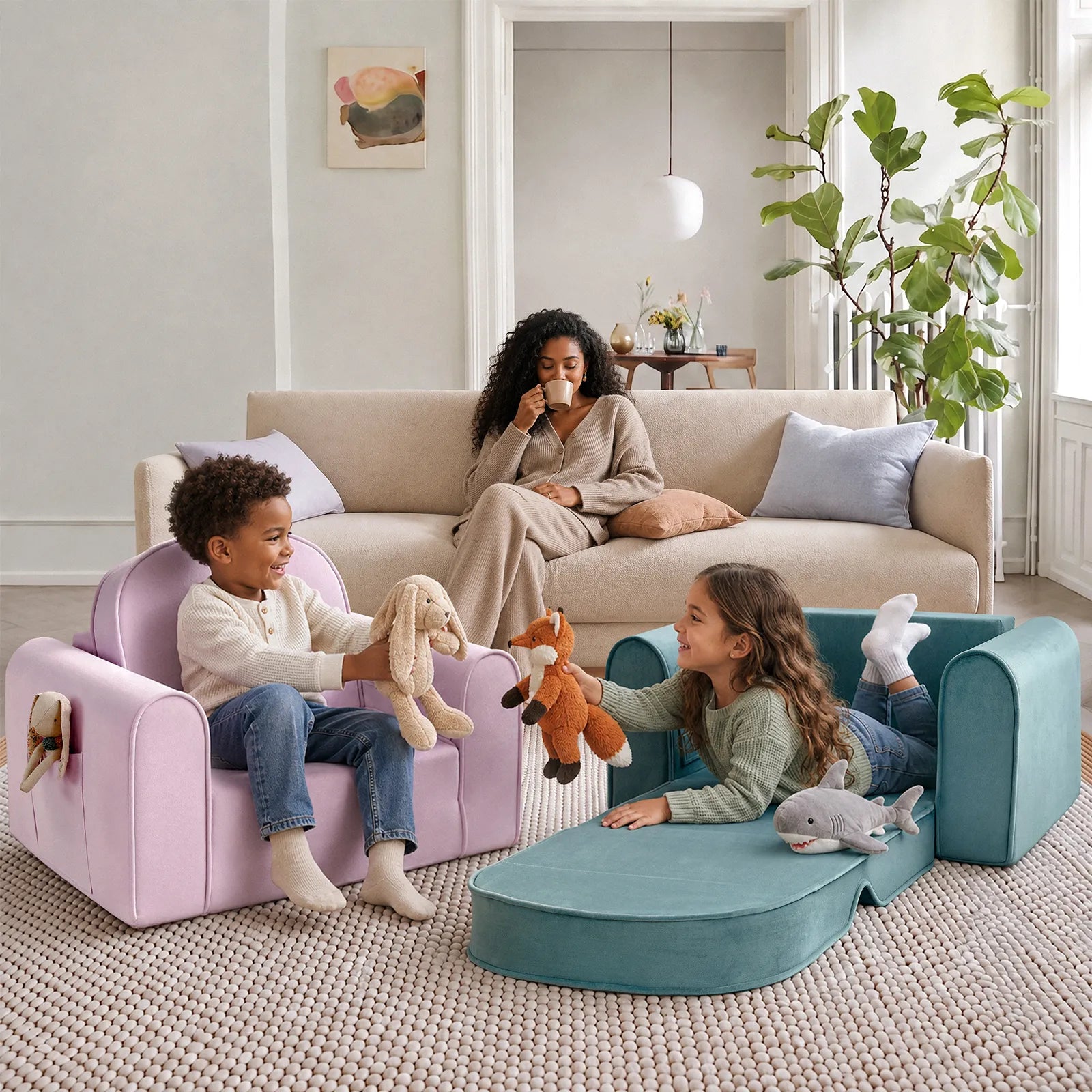 Two children sit in Tiny Land® GentleSnug Kids Sofa Chairs, their pastel colors brightening the cozy, sunlit room as they play with stuffed animals. In the background, an adult relaxes on a beige sofa, watching them and sipping from a mug.|Light Purple