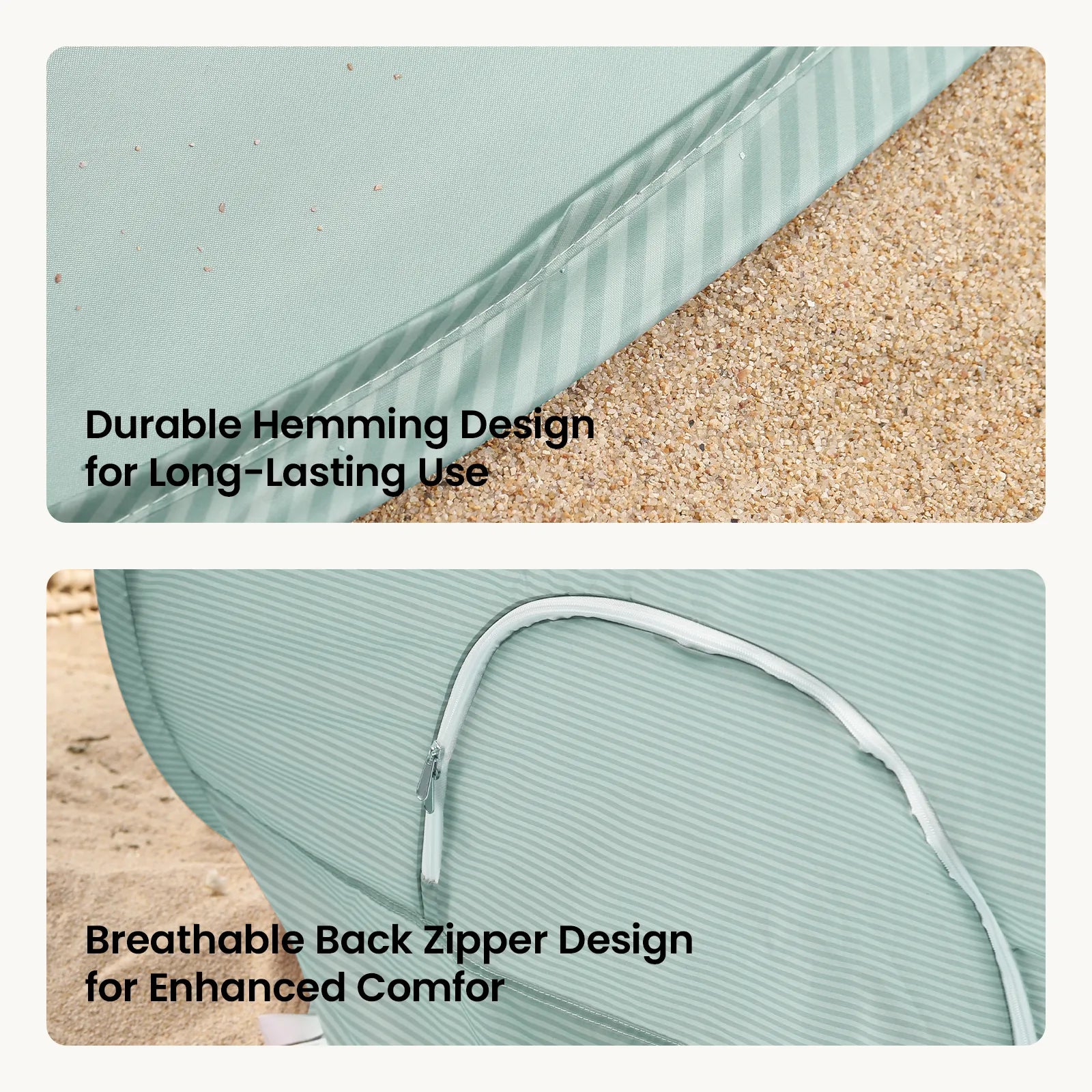 Two close-up images of the Tiny Land® 3-in-1 Baby Beach Tent by Tiny Land on sand: top highlights durable hemming, bottom shows a breathable back zipper. Text notes its long-lasting use and comfort for your little one.