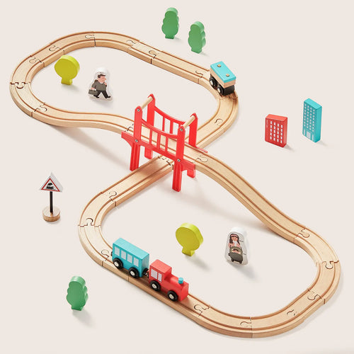 The Tiny Land® Wooden Track Trains by Target includes a figure-eight track, red bridge, two trains, trees, figures, signs, and buildings. This educational set is compatible with major brands for endless creative play.|39 Pcs