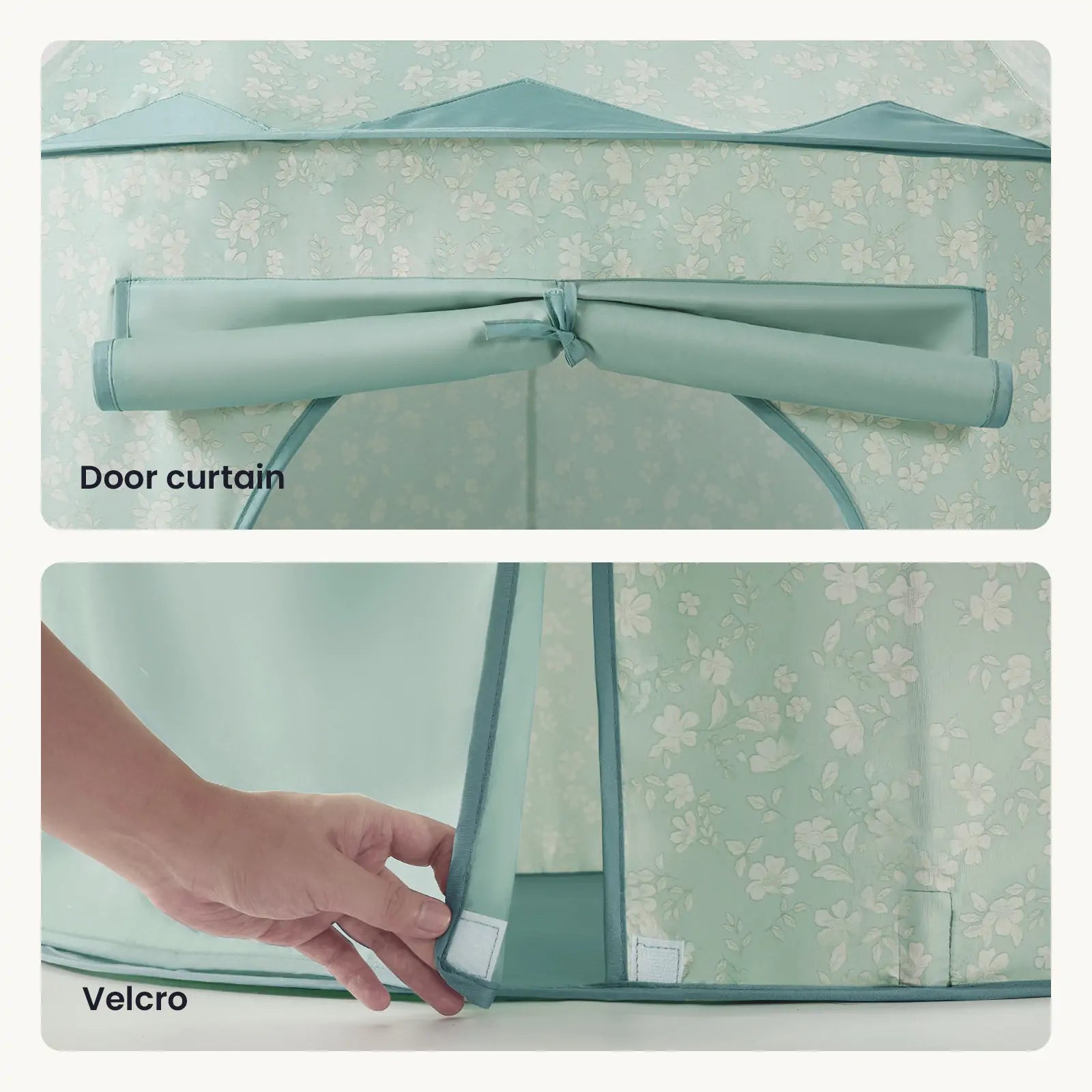 Two images showcase details of the Tiny Land® Tiny Sprout Castle Tent. The top shows a rolled-up door curtain tied with matching fabric, while the bottom displays a hand attaching it to the tent with white Velcro strips.|Green