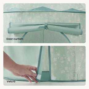 Two images showcase details of the Tiny Land® Tiny Sprout Castle Tent. The top shows a rolled-up door curtain tied with matching fabric, while the bottom displays a hand attaching it to the tent with white Velcro strips.|Green