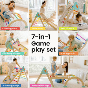 A collage shows kids playing on the Tiny Land® 7-in-1 Rainbow Pikler Triangle Set by Tiny Land, featuring a Pikler Triangle, reversible ramp, tent hideout, rocking chair, climbing arch, climbing ramp, and balance bridge.|rainbow color