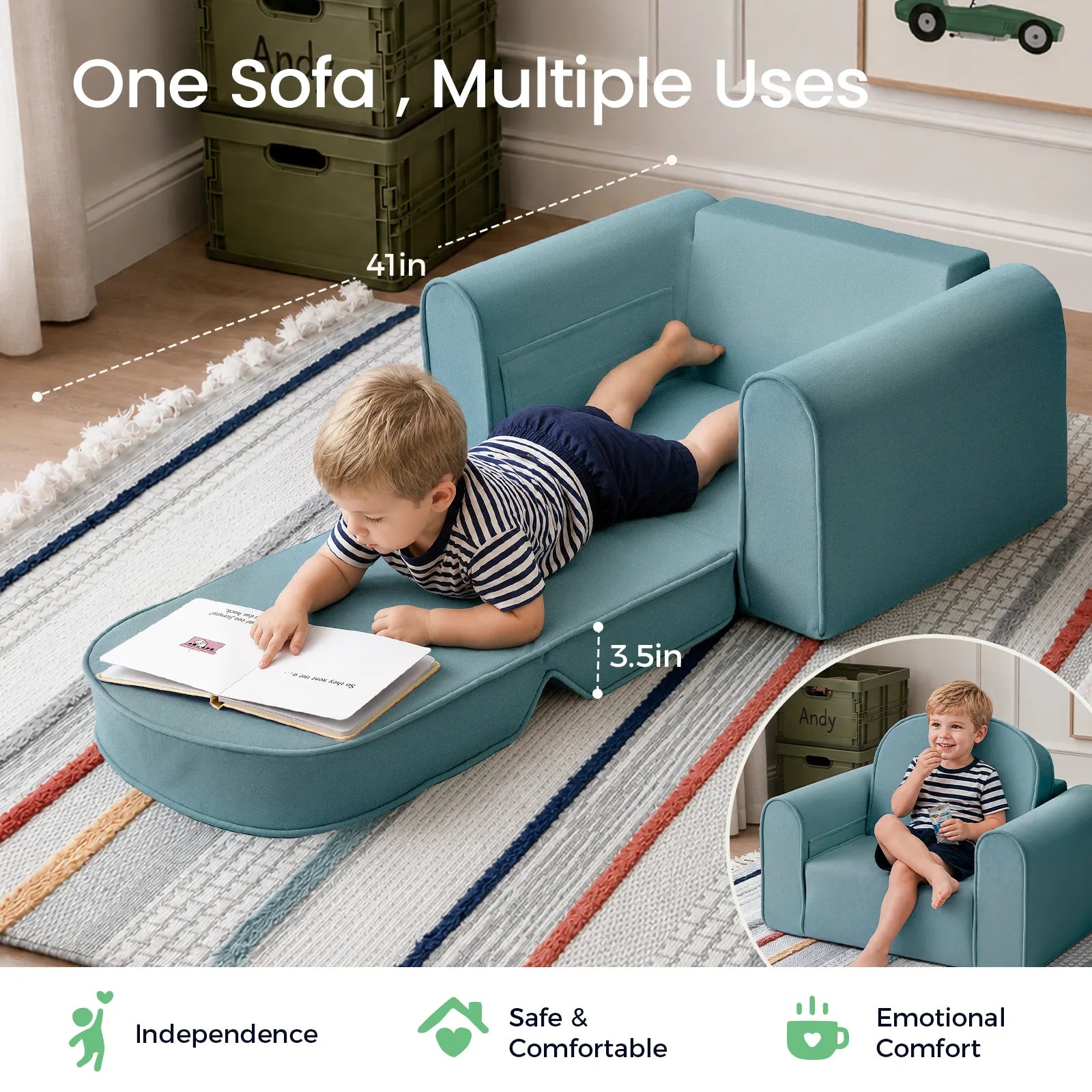 A young boy lies on a blue Tiny Land® GentleSnug Kids Sofa Chair, reading a book as the sofa is extended flat. An inset image shows the same boy sitting upright on the flip-open GentleSnug chair. Icons emphasize independence, comfort, and emotional support from Tiny Land.|Blue