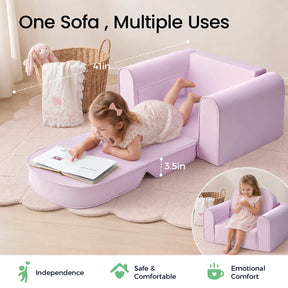 A young girl relaxes on the Tiny Land® GentleSnug Kids Sofa Chair by Tiny Land, reading a book. This light purple toddler sofa easily transforms into a lounge, serving as a flip-open chair that’s perfect for both relaxing and stretching out. Next to her sits a basket with a bunny toy and blanket. Text emphasizes the GentleSnug’s versatility, comfort, and emotional benefits—making it an ideal choice for everyday seating or as a cozy nap mat for kids.|Light Purple