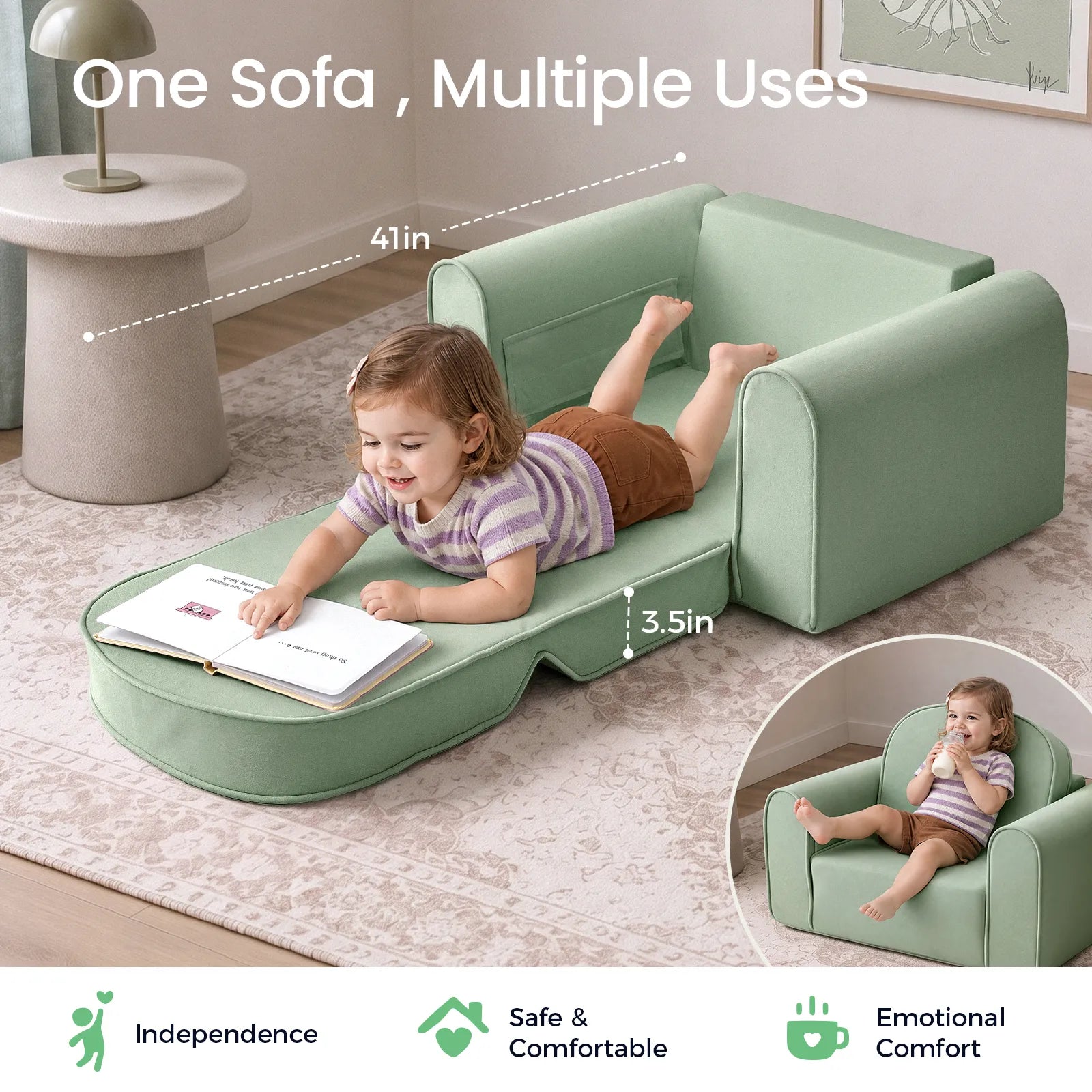 A young child reads a book while relaxing on the Tiny Land® GentleSnug Kids Sofa Chair by Tiny Land, shown here in light green. This cozy fold-out toddler sofa is 4 inches high when flat and easily converts into a convenient flip-open chair—perfect for use as a kids nap mat. Icons highlight independence, safety, and comfort.|Light Green