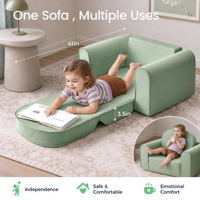 A young child reads a book while relaxing on the Tiny Land® GentleSnug Kids Sofa Chair by Tiny Land, shown here in light green. This cozy fold-out toddler sofa is 4 inches high when flat and easily converts into a convenient flip-open chair—perfect for use as a kids nap mat. Icons highlight independence, safety, and comfort.|Light Green