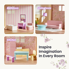 Three images display Tiny Land® Sweetwood Dollhouse Furniture sets for bathroom, living room, and kitchen in pastel hues, set against floral and striped backgrounds. Text: Inspire Imagination In Every Room. Brand: Tiny Land.|Unicorn