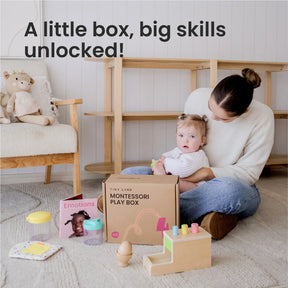 A woman sits on the floor with a baby, surrounded by Montessori toys for sensory play, a book titled "Emotions," and the Tiny Land® Montessori Early Skills Baby Set (7–12 months). The text reads, "A little box, big skills unlocked!.