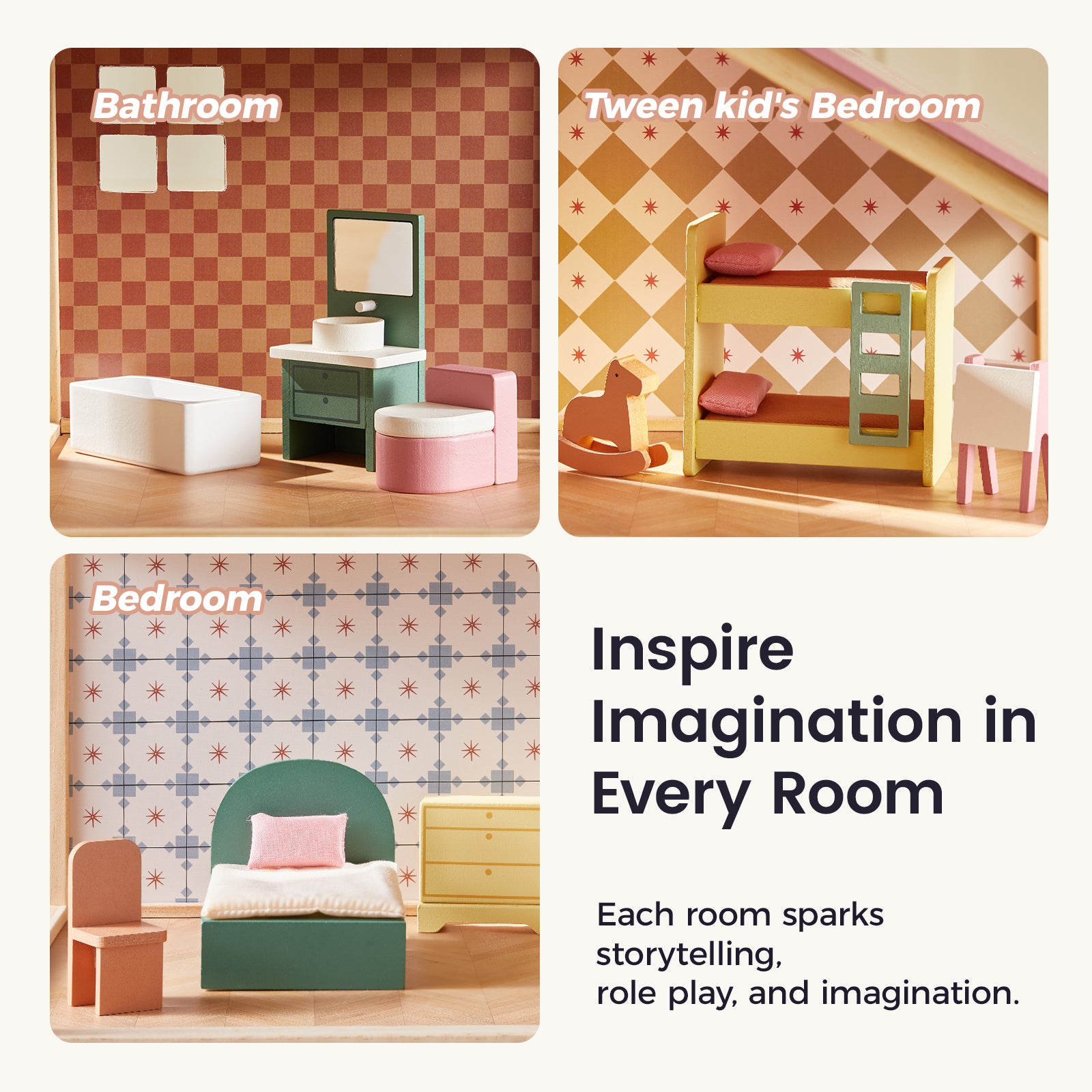 Discover the Tiny Land® Sweetwood Dollhouse without Dolls by Tiny Land, featuring three charming rooms with dollhouse furniture: a bathroom, a tween bedroom with bunk beds and toys, and a cozy bedroom to inspire imaginative play.|Pegasus