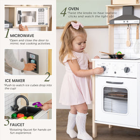 A young girl in a pink dress plays with the Tiny Land® Farm-to-Table Gift Set—Light & Sound Kitchen & Market Stall, featuring a microwave, ice maker, faucet, oven, turning knobs, and buttons for a realistic interactive play experience.