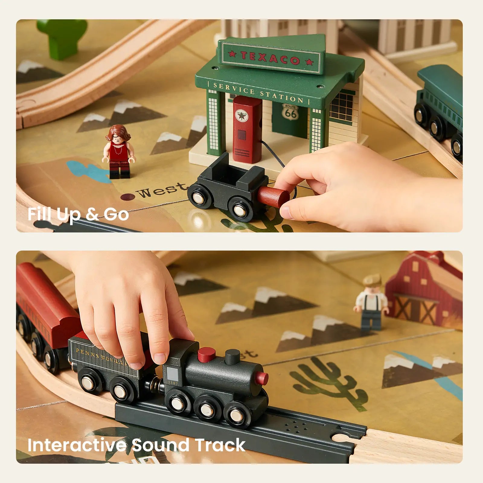 Two images show a child playing with the Tiny Land® 1920 Railway Adventure Train Table by Target. One highlights interactive features—service station, toy car, figurine—while another shows hands guiding a black train over track art with a barn.
