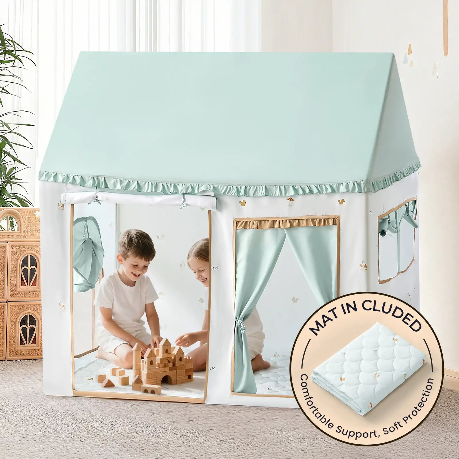 Two children play with wooden blocks inside the Tiny Land® Sweet Woodland Kids Play Tent. This Tiny Land tent features windows, curtains, and comes with a padded play mat for comfort and protection.|green