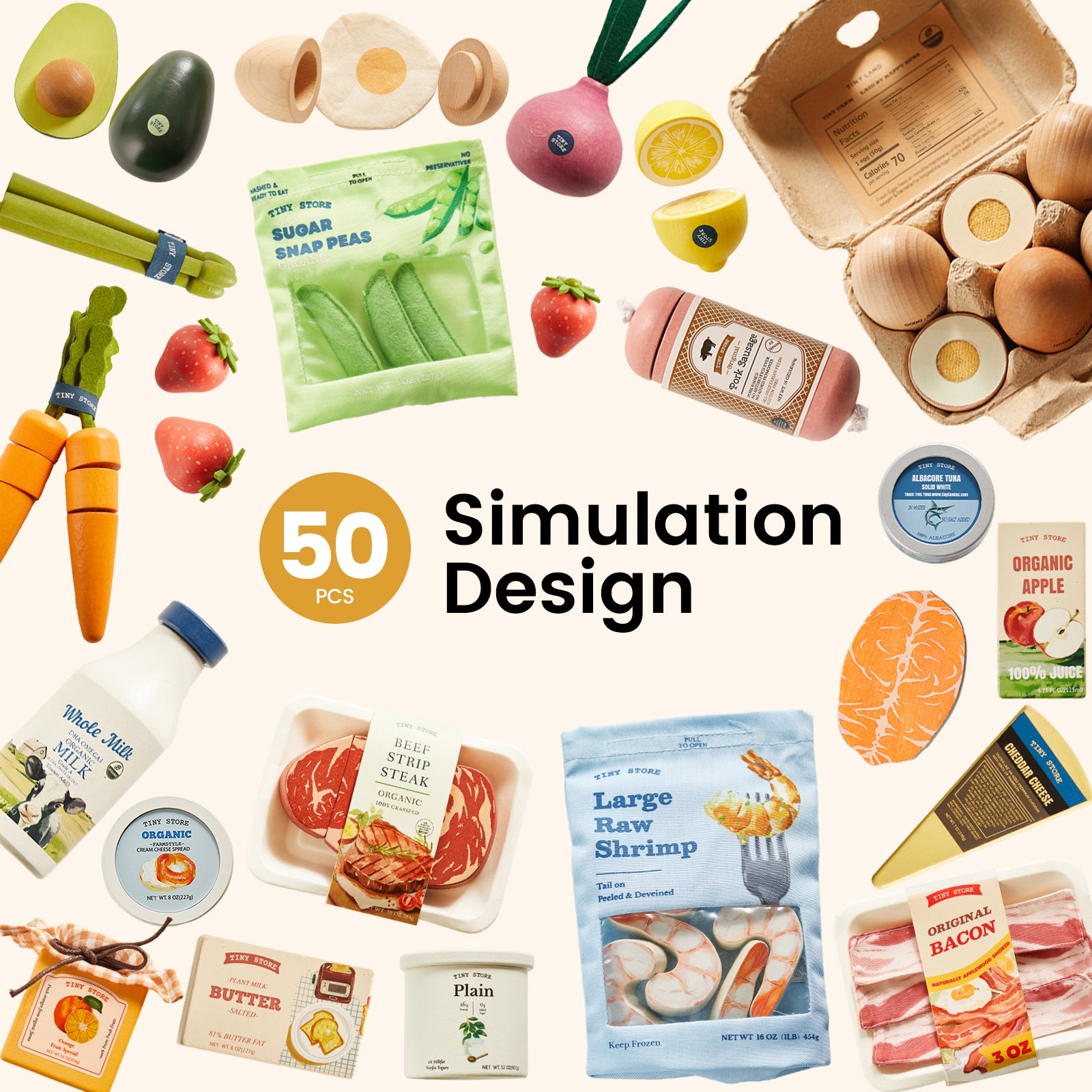 Assorted Tiny Land Play Food items from the Tiny Land® Organic Play Food Collection—including vegetables, dairy products, seafood, meats, eggs, and condiments with realistic simulation—are arranged in a circle around the text “50 PCS Simulation Design” on a pale background.