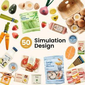 Assorted Tiny Land Play Food items from the Tiny Land® Organic Play Food Collection—including vegetables, dairy products, seafood, meats, eggs, and condiments with realistic simulation—are arranged in a circle around the text “50 PCS Simulation Design” on a pale background.