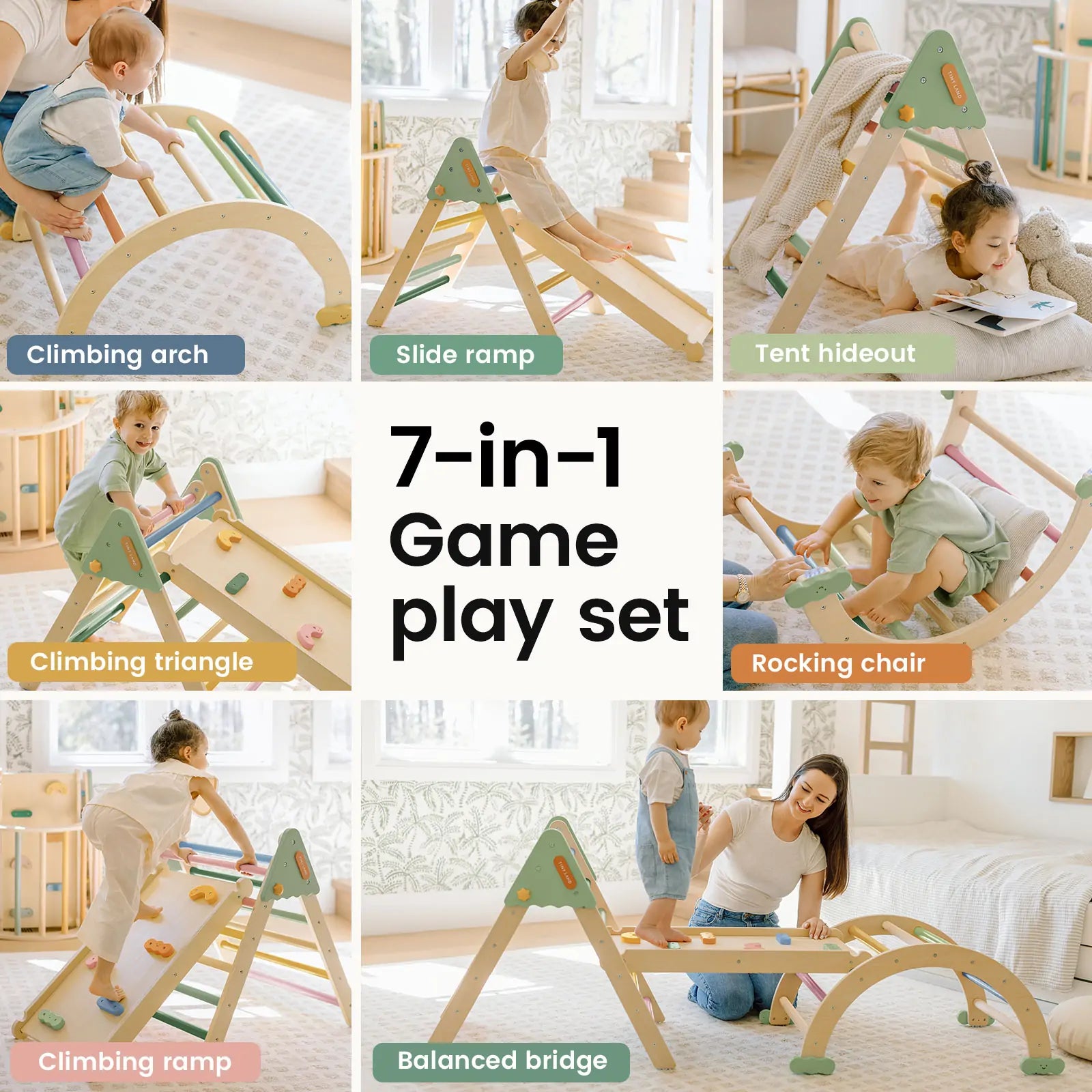 Collage of children playing with the Tiny Land® 7-in-1 Morandi Pikler Triangle Set by Tiny Land, featuring a triangle, reversible ramp, tent hideout, rocking chair, climbing arch, balance bridge, and slide in a bright room.|morandi color