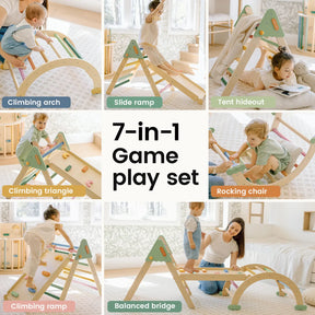 Collage of children playing with the Tiny Land® 7-in-1 Morandi Pikler Triangle Set by Tiny Land, featuring a triangle, reversible ramp, tent hideout, rocking chair, climbing arch, balance bridge, and slide in a bright room.|morandi color