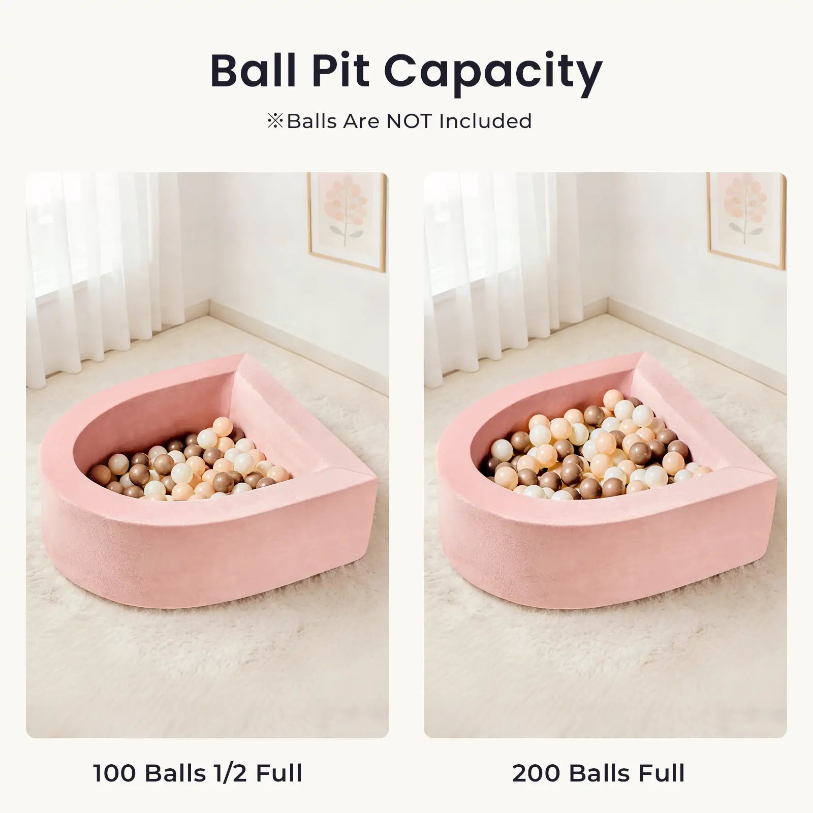 Side-by-side images of the Tiny Land® PlayNest Ball Pit; left shows it half full with 100 balls, right fully packed with 200 included ocean balls. “Ball Pit Capacity – Perfect addition to any toddler play space.” From Tiny Land.