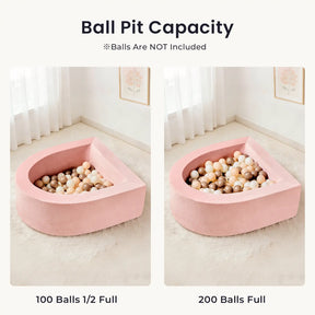 Side-by-side images of the Tiny Land® PlayNest Ball Pit; left shows it half full with 100 balls, right fully packed with 200 included ocean balls. “Ball Pit Capacity – Perfect addition to any toddler play space.” From Tiny Land.