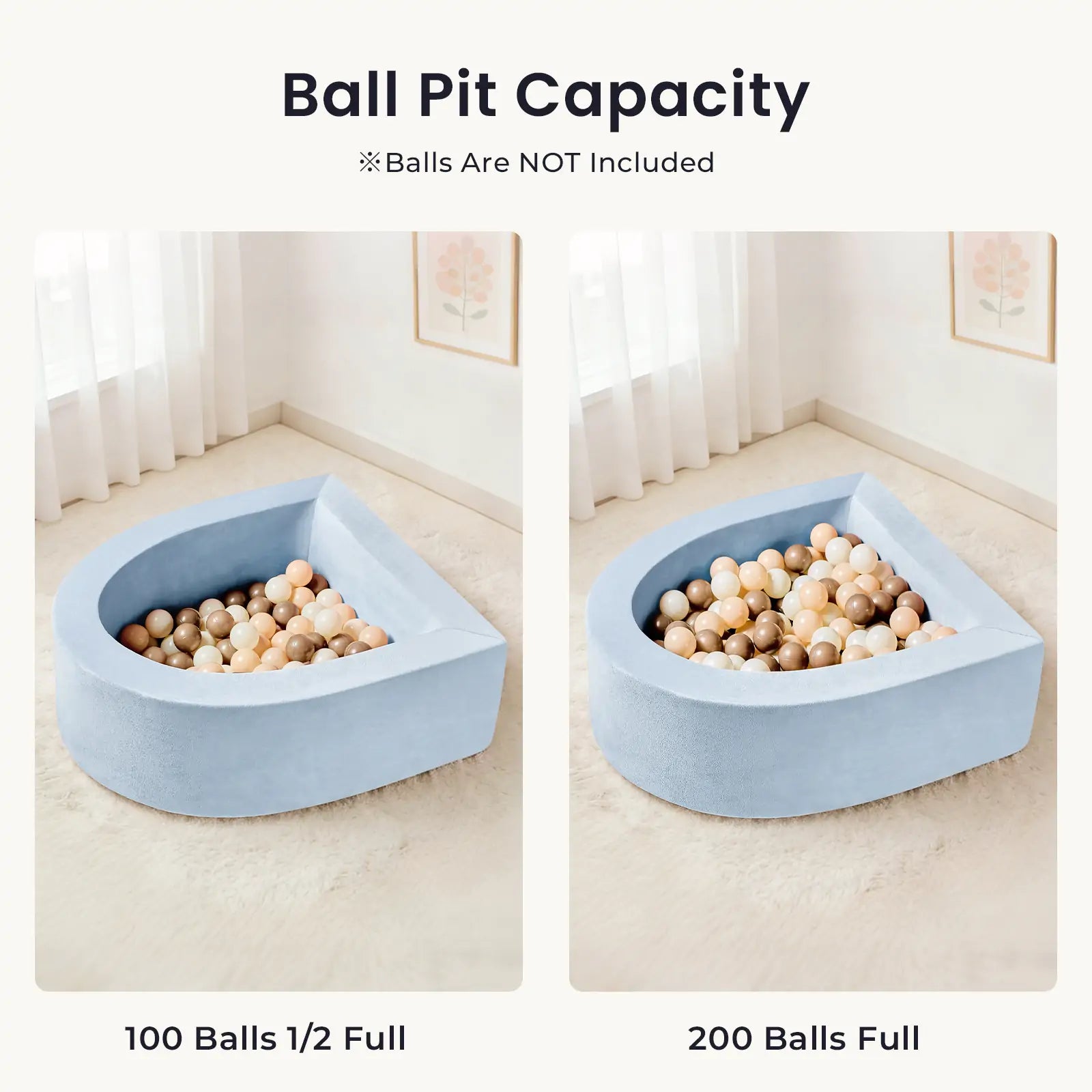 Side-by-side images show the Tiny Land® PlayNest Ball Pit in blue. Left: pit half full with 100 balls; right: full with 200 ocean balls. Made from high-density foam. Text reads "Ball Pit Capacity." Balls are included. Brand: Tiny Land.