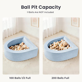 Side-by-side images show the Tiny Land® PlayNest Ball Pit in blue. Left: pit half full with 100 balls; right: full with 200 ocean balls. Made from high-density foam. Text reads "Ball Pit Capacity." Balls are included. Brand: Tiny Land.