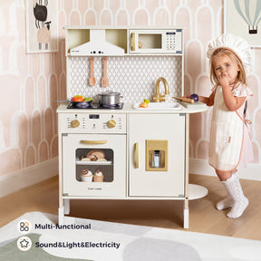 A young girl in a chef hat and apron stands beside the Tiny Land® PopJoy Play Kitchen by Tiny Land, complete with utensils, pots, and a pretend oven; text reads Multi-functional with Sound, Light & Electricity.