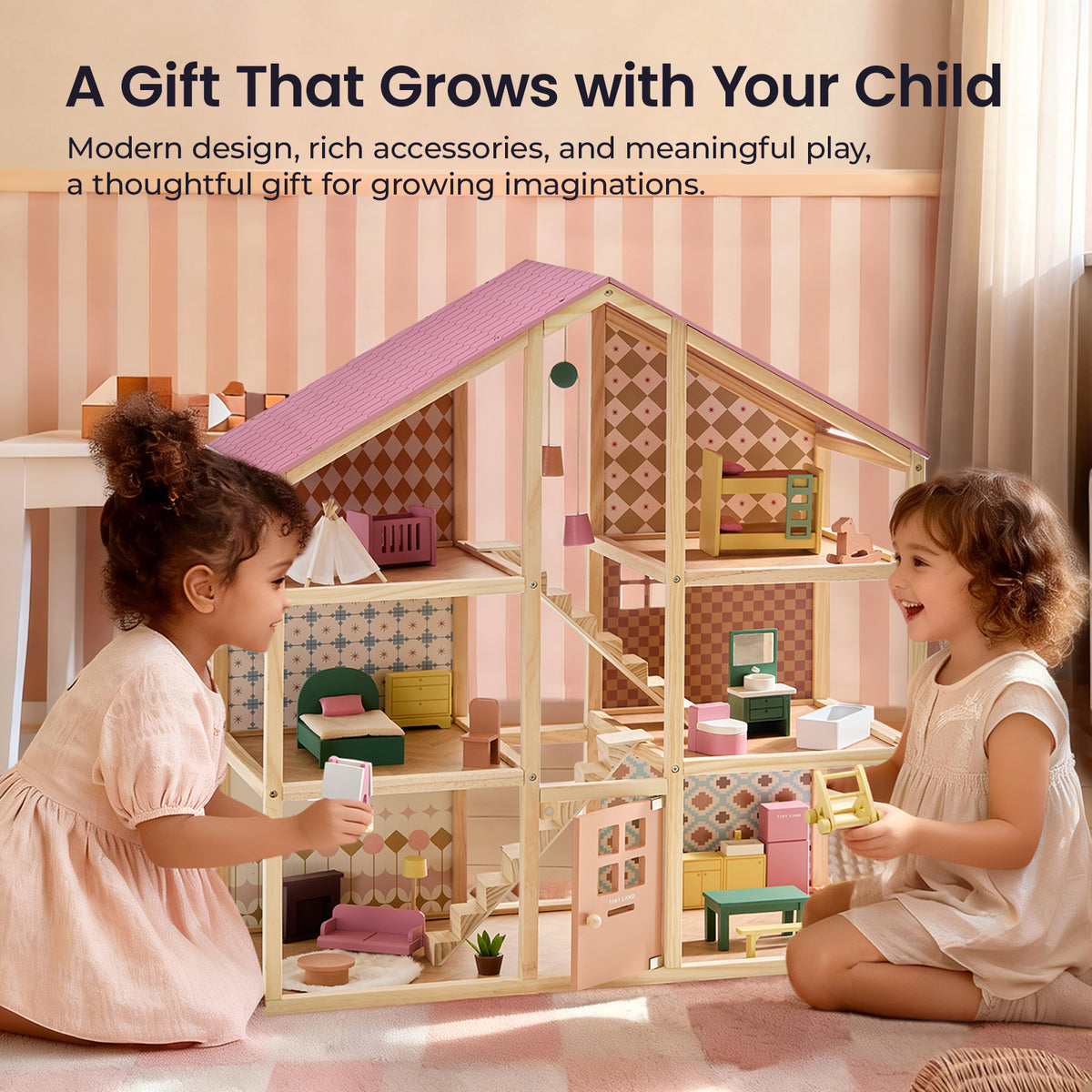 Two young children play with the Tiny Land® Sweetwood Dollhouse without Dolls by Tiny Land, exploring vibrant furniture sets. The background reads “A Gift That Grows with Your Child,” reflecting its design for imaginative, creative play.|Pegasus