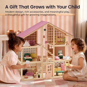 Two young children play with the Tiny Land® Sweetwood Dollhouse without Dolls by Tiny Land, exploring vibrant furniture sets. The background reads “A Gift That Grows with Your Child,” reflecting its design for imaginative, creative play.|Pegasus