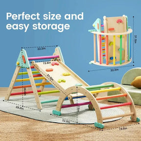 The Tiny Land® 7-in-1 Rainbow Pikler Triangle Set by Tiny Land features colorful rungs, rock holds, and a reversible ramp. Shown assembled on a rug and folded for storage with labeled dimensions on a blue background.|rainbow color