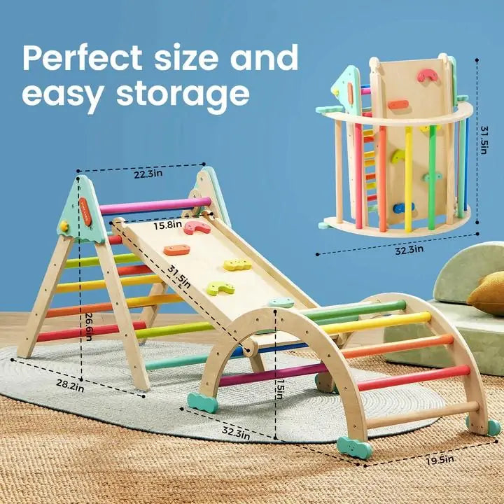 The Tiny Land® 7-in-1 Rainbow Pikler Triangle Set by Tiny Land features colorful rungs, rock holds, and a reversible ramp. Shown assembled on a rug and folded for storage with labeled dimensions on a blue background.|rainbow color